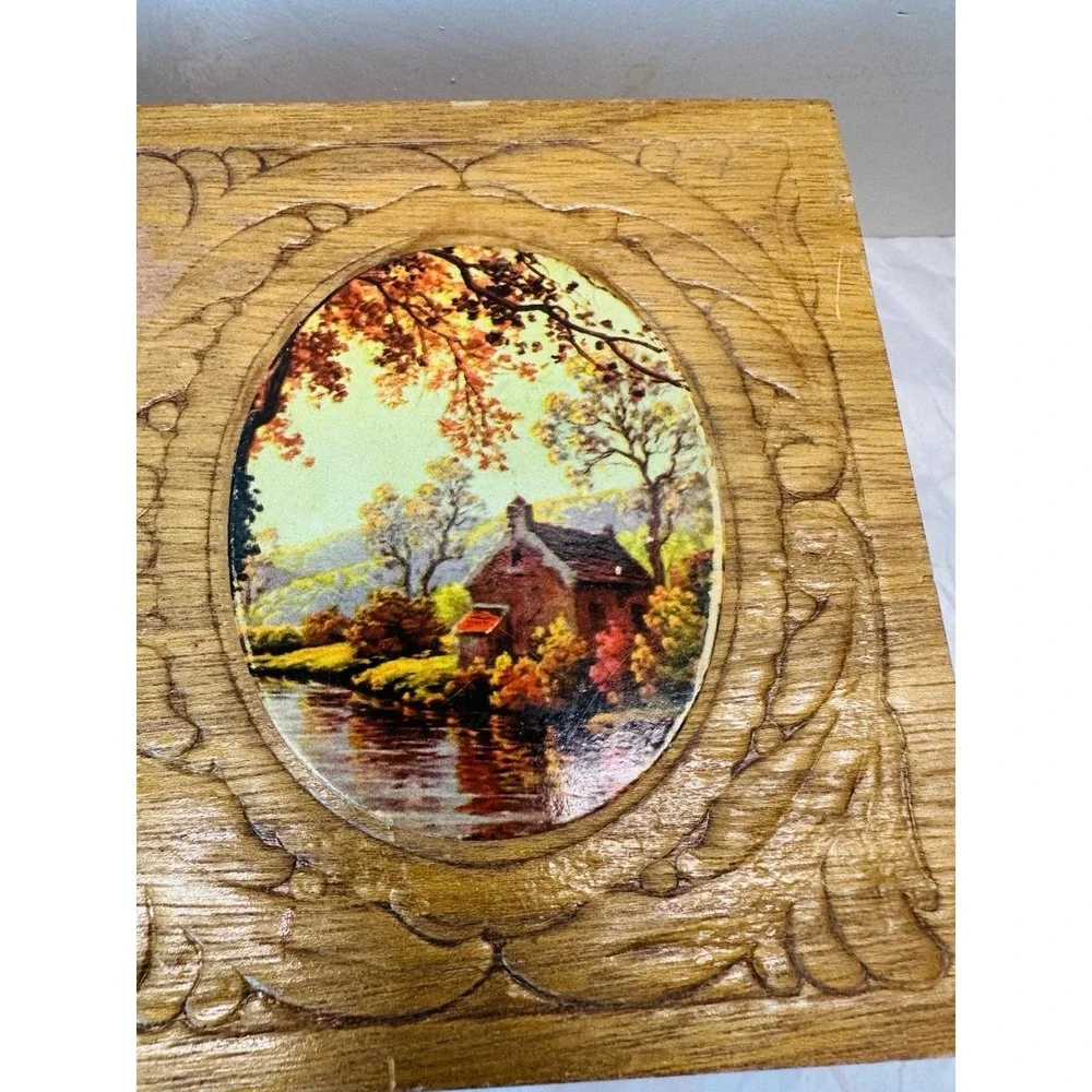 Vintage Cedar Jewelry box with carved and fall decopage lid, mirror inside